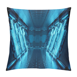 Personality  Blue Spaceship Interior With Neon Lights On Panel Walls. Futuristic Modern Corridor In Space Station Background. 3d Rendering Pillow Covers