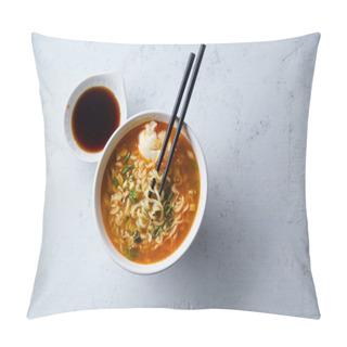 Personality  Easy Japanese Ramen With Noodles And Pork Broth With Egg And Leek In White Bowl On Concrete Background  Pillow Covers