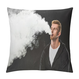 Personality  Young Bearded Man Exhaling Smoke Of Electronic Cigarette Surrounded By Clouds Of Steam Pillow Covers