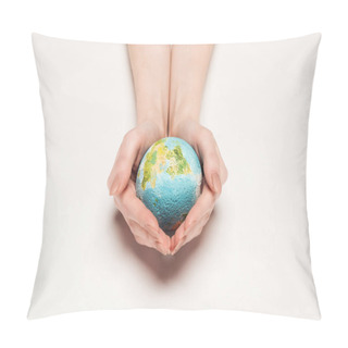 Personality  Cropped View Of Woman Holding Globe Model On White Background, Global Warming Concept Pillow Covers