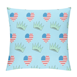 Personality  Seamless Background Pattern With Hearts Made Of Usa Flags And Crowns On Blue, Independence Day Concept Pillow Covers