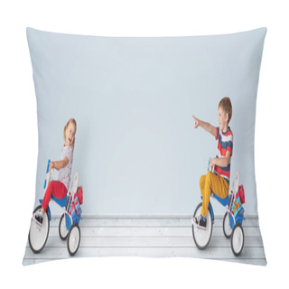 Personality  Girl And Boy Rides A Tricycle. Kids Carry Many Gifts. Pillow Covers