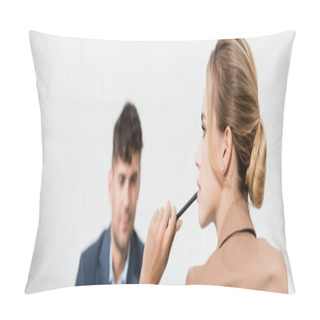 Personality  Thoughtful Female Executive With Pen, Looking Away With Blurred Colleague On Background, Banner Pillow Covers