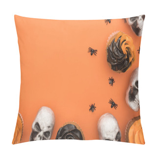 Personality  Top View Of Halloween Cupcakes With Spiders And Skulls On Orange Background With Copy Space Pillow Covers
