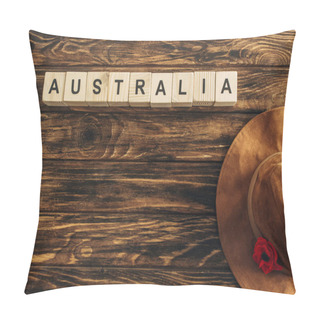 Personality  Top View Of Artificial Flower, Felt Hat And Cubes With Australia Lettering On Wooden Surface, Anzac Day Concept  Pillow Covers