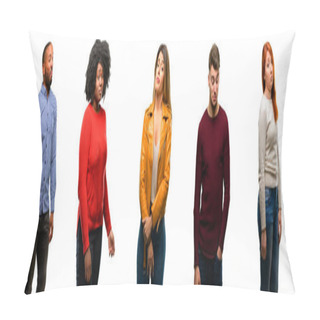 Personality  Group Of Cool People, Woman And Man Having Skeptical And Dissatisfied Look Expressing Distrust, Skepticism And Doubt Pillow Covers