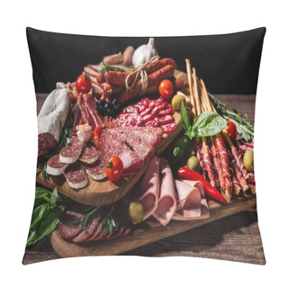 Personality  Cutting Boards With Delicious Salami, Smoked Sausages, Ham And Vegetables On Wooden Rustic Table Pillow Covers