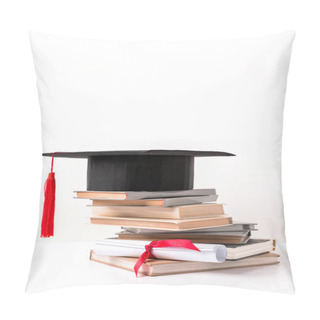 Personality  Academic Cap On Pile Of Books And Diploma Isolated On White Pillow Covers