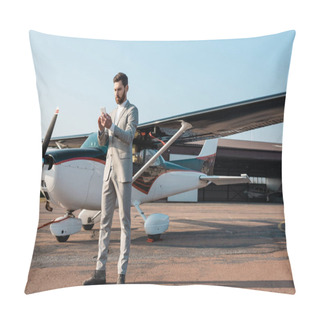 Personality  Full Length Of Bearded Businessman Using Smartphone Near Helicopter Outdoors  Pillow Covers