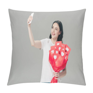 Personality  Smiling Girl Holding Bouquet Of Red Paper Cut Cards With Hearts Symbol And Taking Selfie With Smartphone Isolated On Grey Pillow Covers