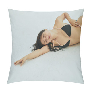 Personality  Alluring Woman In Black Bikini, Sexy Model With Wet Hair Posing In Luxury Resort, Miami, Florida, USA, Blurred Background, Laying Down On White Surface, Poolside Relaxation  Pillow Covers