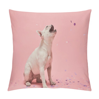 Personality  White French Bulldog With Open Mouth On Confetti And Pink Background Pillow Covers