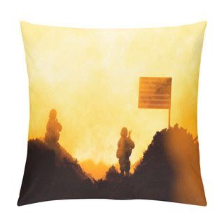 Personality  Battle Scene With Toy Soldiers Near American Flag With Fire At Background Pillow Covers