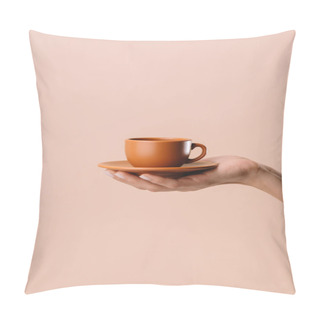 Personality  Cropped Shot Of Woman Holding Cup Of Coffee Isolated On Beige Pillow Covers