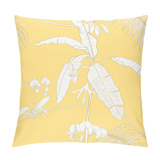 Personality  Tropical Plants And White Orchid Flowers. Seamless Pattern, Background. Outline Drawing Vector Illustration.  On Soft Yellow Background. Pillow Covers
