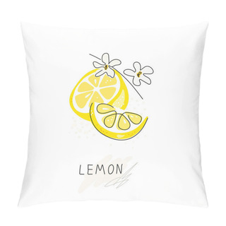 Personality  Whole Lemon Cut In Half, Slice, Clipping Path Isolated On A White Background. Set. Fresh Fruits With Flowers And Green Leaves. Citrus. Minimal Style. Doodle Black Line. Vector Illustration Pillow Covers