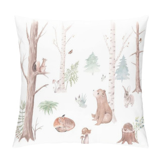 Personality  Watercolor Set Forest Animals And Trees, Watercolor Woodland Scene, Bear, Squirrel, Sparrow, Fox, Rabbit, Snail, Hedgehog, Christmas Tree, Stump, For Nursery, Wallpaper, Wall Decor, Stickers Pillow Covers