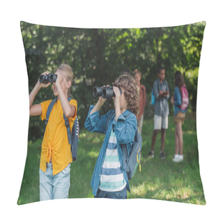 Personality  Selective Focus Of Happy Kids Looking Through Binoculars  Pillow Covers