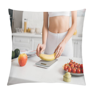 Personality  Selective Focus Of Fit Sportswoman Putting Banana On Scales Near Measuring Tape And Notebook On Table, Calorie Counting Diet Pillow Covers