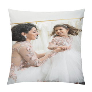Personality  Happy Middle Eastern Bride With Brunette Wavy Hair In Floral Wedding Dress Holding Hands With Smiling Daughter In Cute Attire With Tulle Skirt In Bridal Salon, Shopping, Special Moment  Pillow Covers