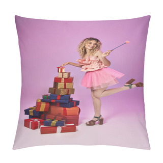 Personality  Cheerful Woman In Tooth Fairy Costume Standing On One Leg Next To Pile Of Gifts Holding Magic Wand Pillow Covers