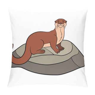 Personality  Cartoon Animals. Little Cute Otter Stands On The Stone. Pillow Covers