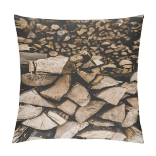 Personality  Selective Focus Of  Brown Textured Cut Stacked Firewood Pillow Covers
