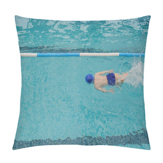 Personality  Top View Of A 7-year Boy Playing And Swimming In The Swimming Pool Pillow Covers