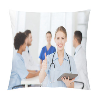 Personality  Happy Doctor With Tablet Pc Over Team At Clinic Pillow Covers