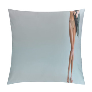 Personality  Cropped View Of Young Woman With Vitiligo Standing In Beige Panties And Holding Pillow On Grey Pillow Covers