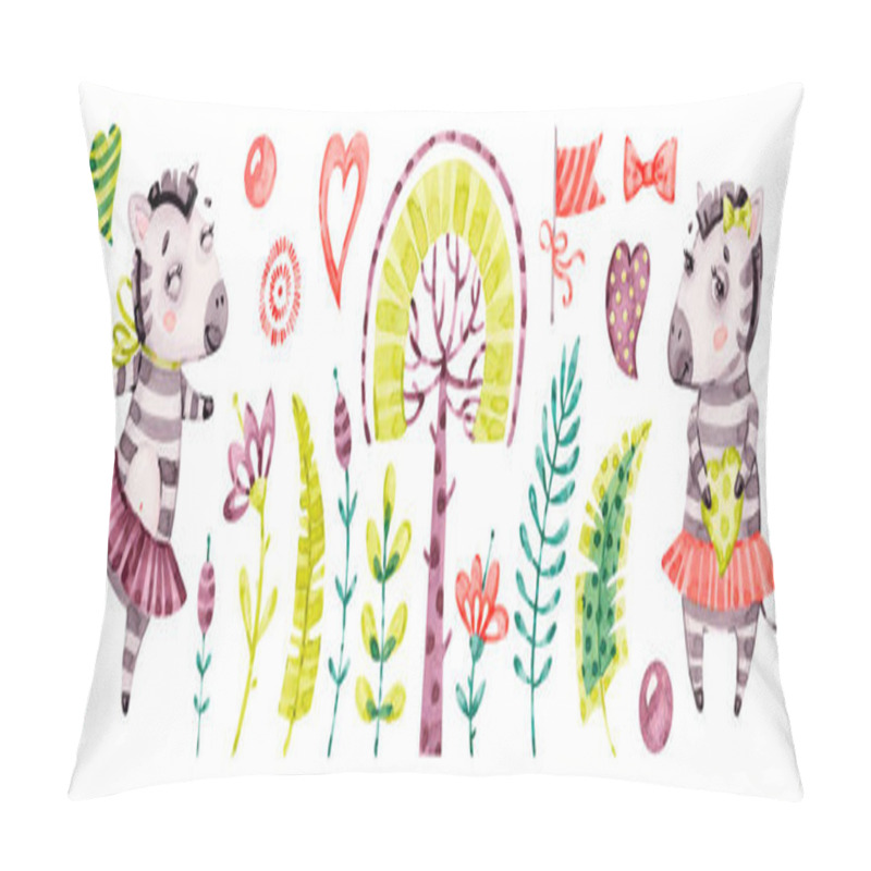 Personality  Baby cute zebra girl. Vector Watercolor nursery cartoon jungle animals horse, tropical trees, leaves. Adorable Nurseries safari set pillow covers