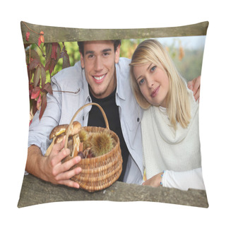 Personality  Young Couple Behind A Wooden Barrier In Autumn, The Man Is Holding A Wicker Pillow Covers