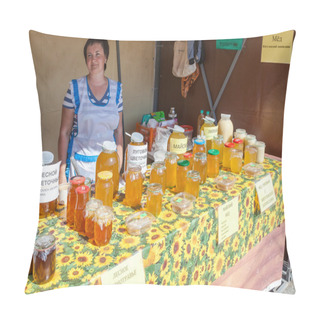 Personality  SAMARA, RUSSIA - SEPTEMBER 7, 2014: Women Seller Of Honey On The Pillow Covers