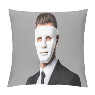 Personality  Mysterious Businessman In Black Suit And Mask Isolated On Grey Pillow Covers