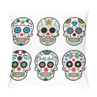 Personality  Mexican Sugar Skull, Dia De Los Muertos Icons Set On White Background Pillow Covers
