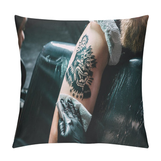 Personality  Partial View Of Tattoo Artist In Gloves Working On Tattoo On Shoulder In Salon Pillow Covers
