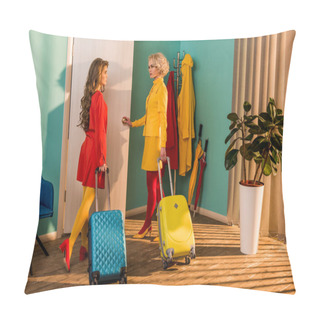 Personality  Beautiful Old-fashioned Girls In Colorful Dresses With Travel Bags Opening Door At Home Pillow Covers