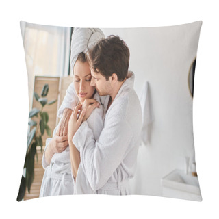 Personality  Portrait Of Happy Man And Woman In Love In Bathrobes In The Bathroom, Hugging Each Other Pillow Covers