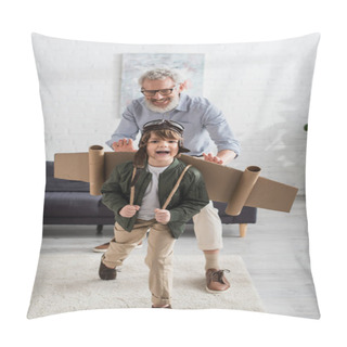 Personality  Happy Boy In Aviator Helmet And Wings Playing With Grandfather  Pillow Covers