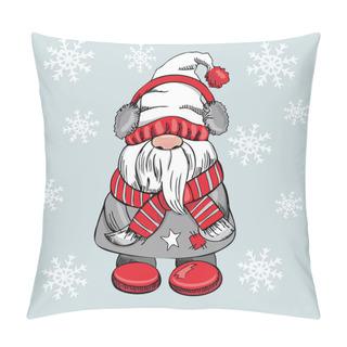Personality  A Hand-drawn Gnome For New Year Or Christmas With Snowflakes On A Blue Background. The Scandinavian Gnome. Vintage Vector Illustration. Pillow Covers