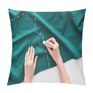 Personality  Top View Of Seamstress Drawing On Colorful Fabric With Chalk On White Background  Pillow Covers