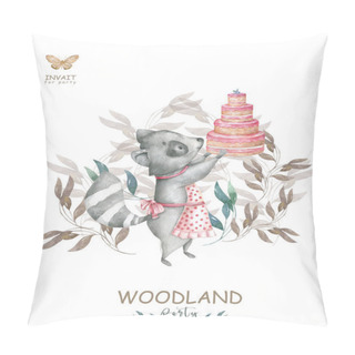 Personality  Cute Watercolor Bohemian Baby Cartoon Roccoon And Tasty Cake Animal For Kindergarten, Woodland Party, Tasty Cake Isolated Forest Illustration For Children. On White Background Pillow Covers