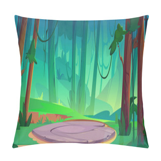 Personality  Summer Forest Landscape With Ground Or Stone Place For Camping. Magic Game Portal Platform For Level Relocation. Cartoon Vector Countryside Scenery With Green Trees And Grass, Round Teleport Area. Pillow Covers