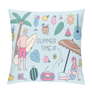 Personality  Summer Beach Icons And Male And Female Characters In Swimsuits. Outline Simple Vector Illustration. Pillow Covers