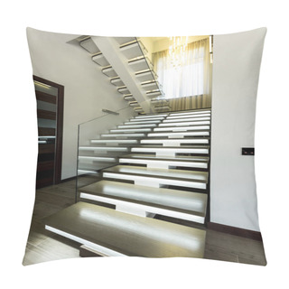 Personality  Interior View Of Empty Modern Stairs With Glass Railings And Door   Pillow Covers