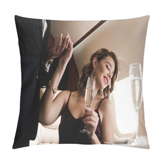 Personality  Cropped View Of Man Holding Hand Of Smiling, Attractive Woman Holding Glass Of Champagne In Plane Pillow Covers