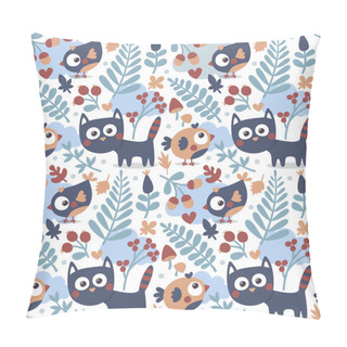 Personality  Seamless Cute Animal Autumn Pattern Made With Cat, Bird, Flower, Plant, Leaf, Berry, Heart, Friend, Floral Nature  Acorn Mushroom Hello Kitten Pillow Covers