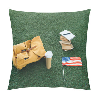 Personality  Vintage Yellow Backpack And School Supplies With Usa Flag On Green Grass Pillow Covers