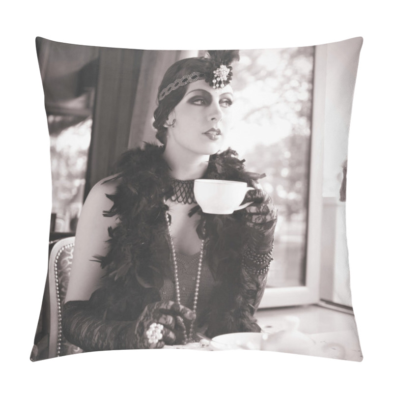 Personality  Retro Woman 1920s - 1930s Sitting with Cup of Tea pillow covers