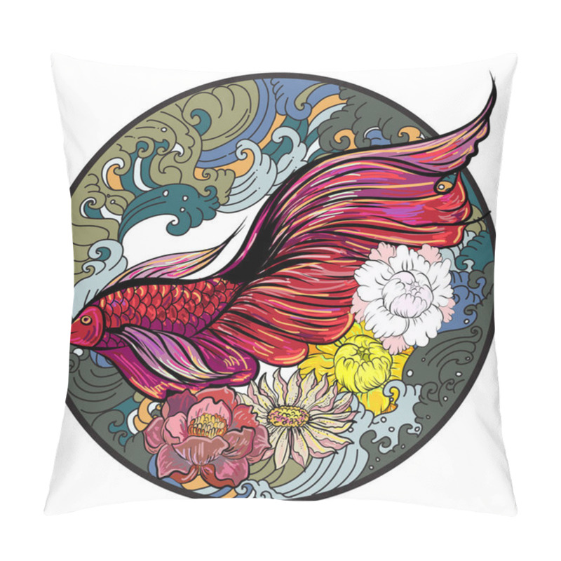 Personality  Colorful Siamese fighting fish or betta fish swimming in Japanese wave with peony and daisy flowers for hand drawn tattoo art design in  geometric and circular ornament frame pillow covers